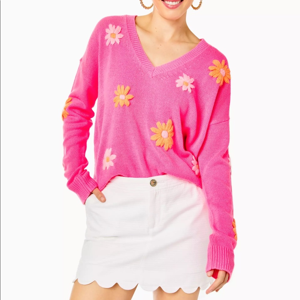 Lilly Pulitzer Pink Floral Daisy V-Neck Sweater